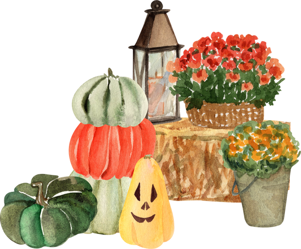 Watercolor fall flowers on hay, lantern and pumpkins illustration