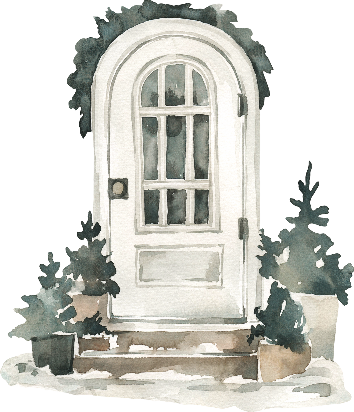 Watercolor winter front door with Christmas  trees in pots