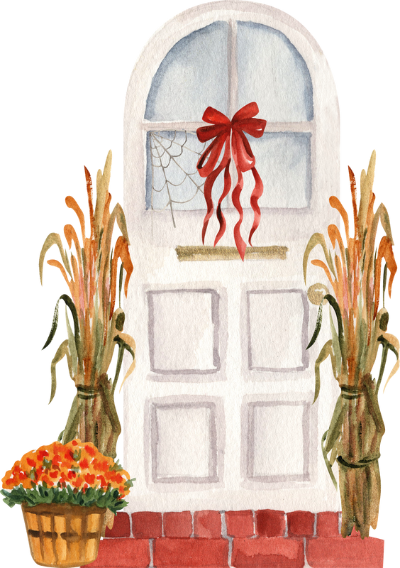 Watercolor front door with fall decor illustration